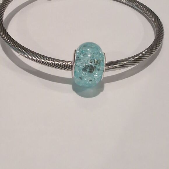 Silver Blue "Crushed Glass" Charm for Pandora Style‎ Bracelet - Picture 1 of 4